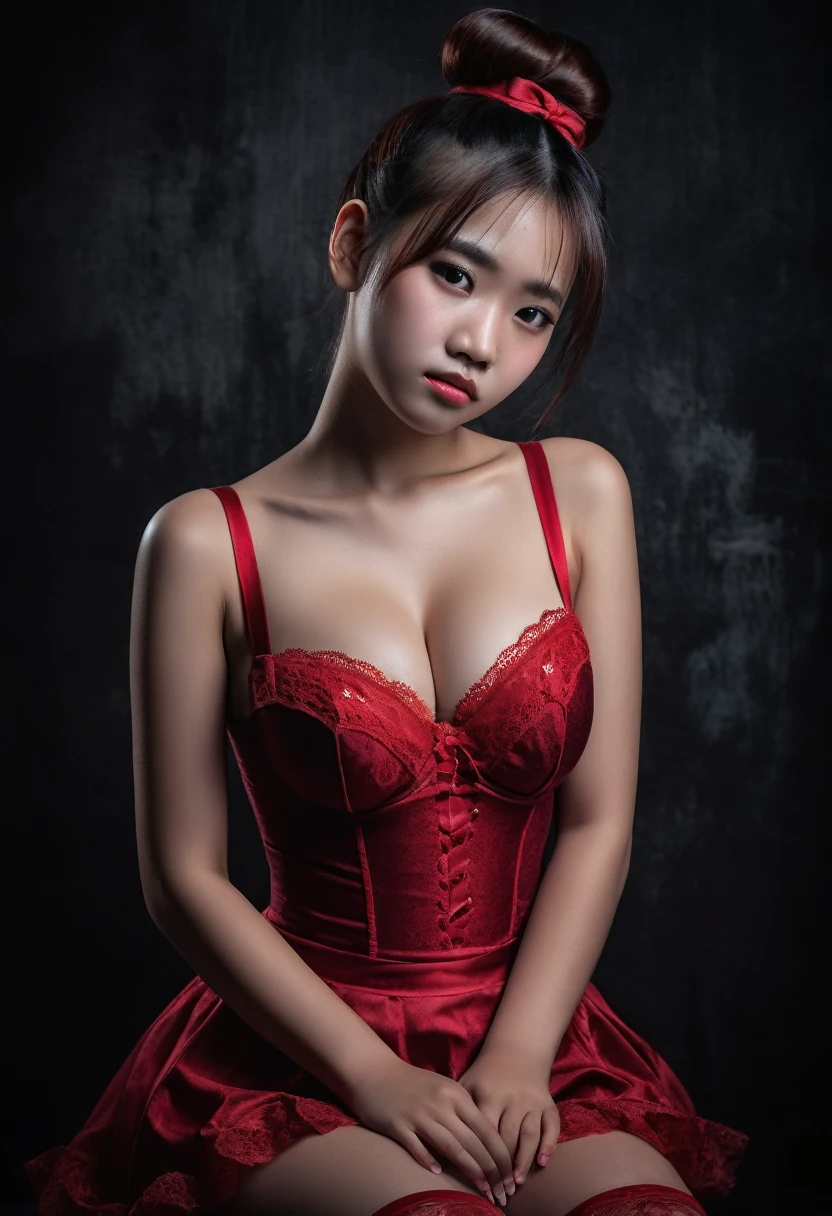 ((my face is very sad)), ((Straddling)), "Dark red Lingerie dress" ((Bun Hairstyle)), ((big breast)), (Malaysia female), , 8K, photottorialism, show big thigh. Dark background