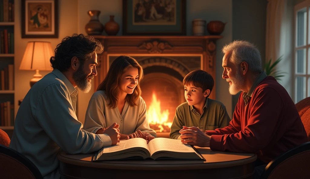 A family gathered at home, discussing the teachings of the minor prophets. The environment is welcoming, with a roaring fireplace and an atmosphere of love and learning. The colors are warm and comforting.