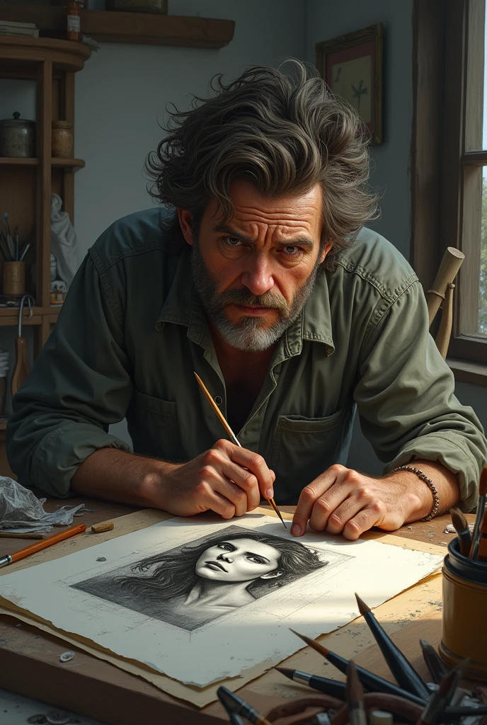 Create for me an image of a painter painting a beautiful drawing that is already done. And the painter looks tired-eyed and looks like he hasn&#39;t bathed for several days. .