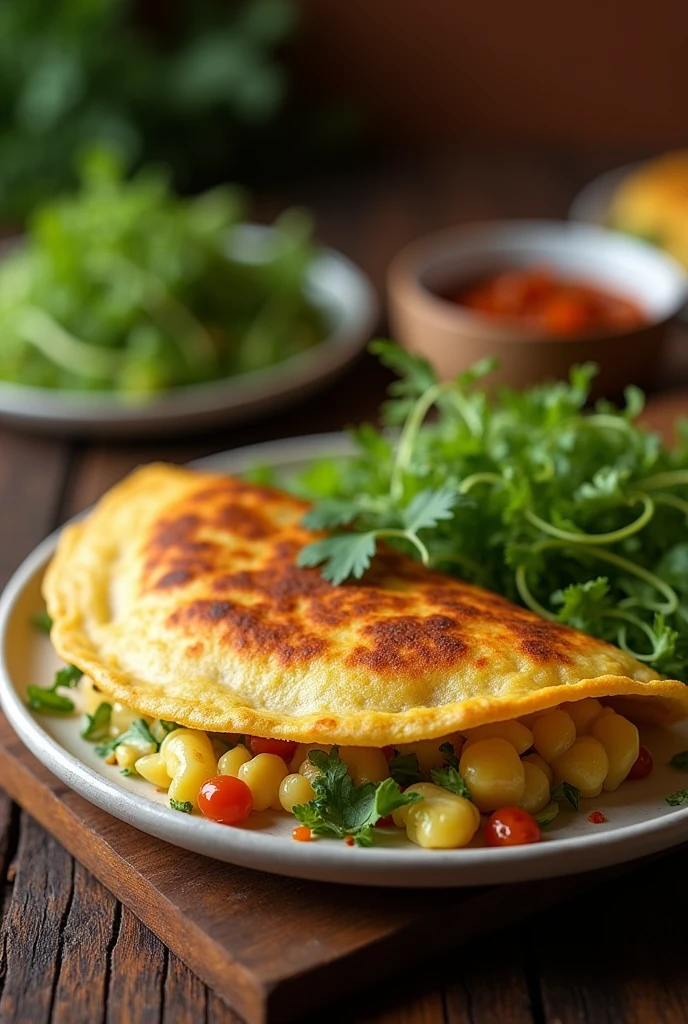 a cheese pupusa with loroco along with a plate of loroco