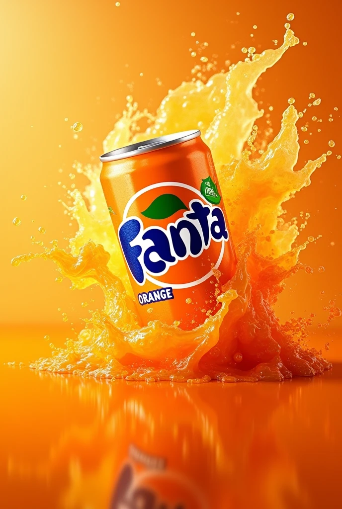 Fanta orange flavour can placed on the left in an explosion of orange juice 