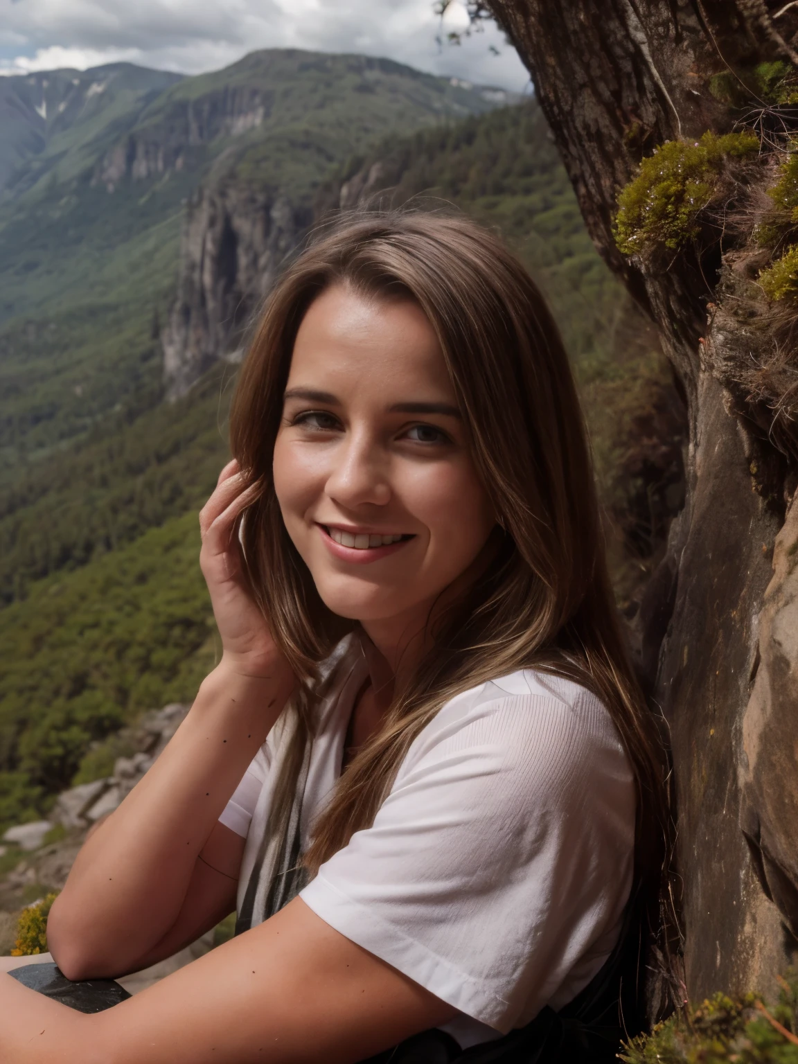 A happy smiling blond woman in front near camera sitting comfortable relaxed on a rock enjoying the view, now actively climbing a vertical mountain wall in the high mountains,pine trees, spruce trees, patches of alpine moss, small alpine wildflowers, tufts of hardy grass, jagged granite rocks, limestone cliffs, quartz veins in the rock, lichen-covered boulders, steep rocky ledges, ferns growing in crevices, mountain goats grazing in the distance, small streams trickling down the mountain, glacial erratics, distant snow-capped peaks, rocky outcrops, mountain laurel bushes, rhododendron shrubs, scattered fallen pine needles, weathered tree stumps, tree roots exposed on the surface, wild blueberries, hawks soaring overhead, eagles circling above, juniper bushes, old tree branches, cracks in the rock face, shadows cast by clouds, distant waterfalls, scree slopes, low-lying fog in the valley, distant river winding through the valley, dense forest below, mountain meadows, patches of snow on higher peaks, wild strawberries, worn climbing paths, small rock cairns, loose gravel on the ledge, rustling leaves from the wind, old climbing ropes left behind, distant climber tents, glacial moraine, small pebble patches, birch trees in the valley, oak trees on the lower slopes, mountain ash trees, shadows of passing birds, layers of sedimentary rock, distant grazing cattle, echoes of distant bird calls, faint trails of smoke from a campfire, small rock slides, distant mountain huts, and tree lines marking the edge of the forest. she is having fun, maling funny poses dependent to the locatiion/scene. dseductive blond woman smiling happy
