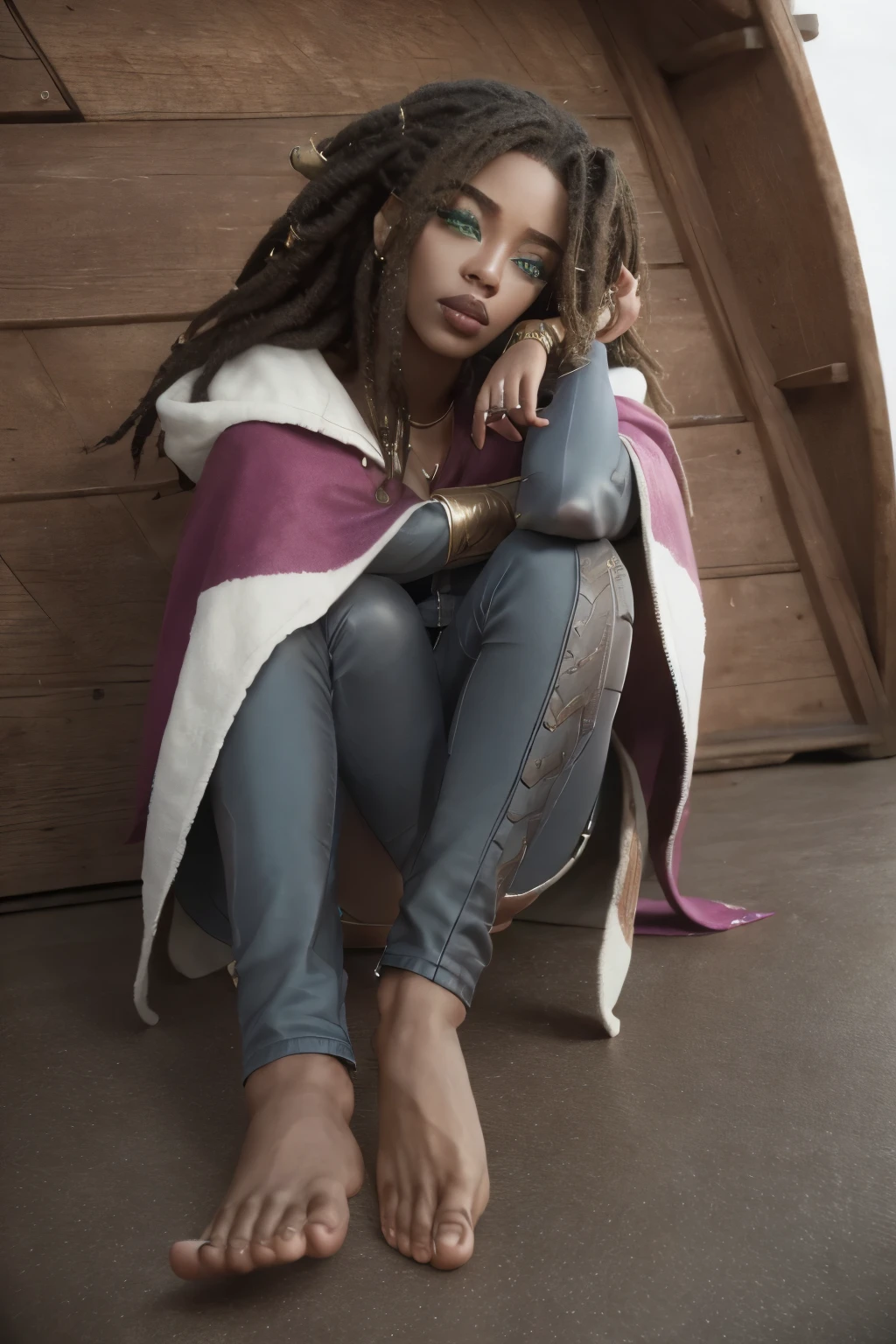 (senna league of legends),  greeneyes, Dreadlocks, Hooded cape, ombre, eyelash, eyeliner, ultra glossy lipstick, Dark gray pants, (fleshy lips:1.2), make up, freckles, blush, (cutaneous dentition), pose sexy, full body shot shot, bare feet, detailed clothing, beautifully detailed woman, extremely detailed eye and face, beautiful detailed eyes, on a boat bottom, glued clothes, looks seductive, posse sexy, high resolution, super detaill, 8k, in a dark place, Overview
