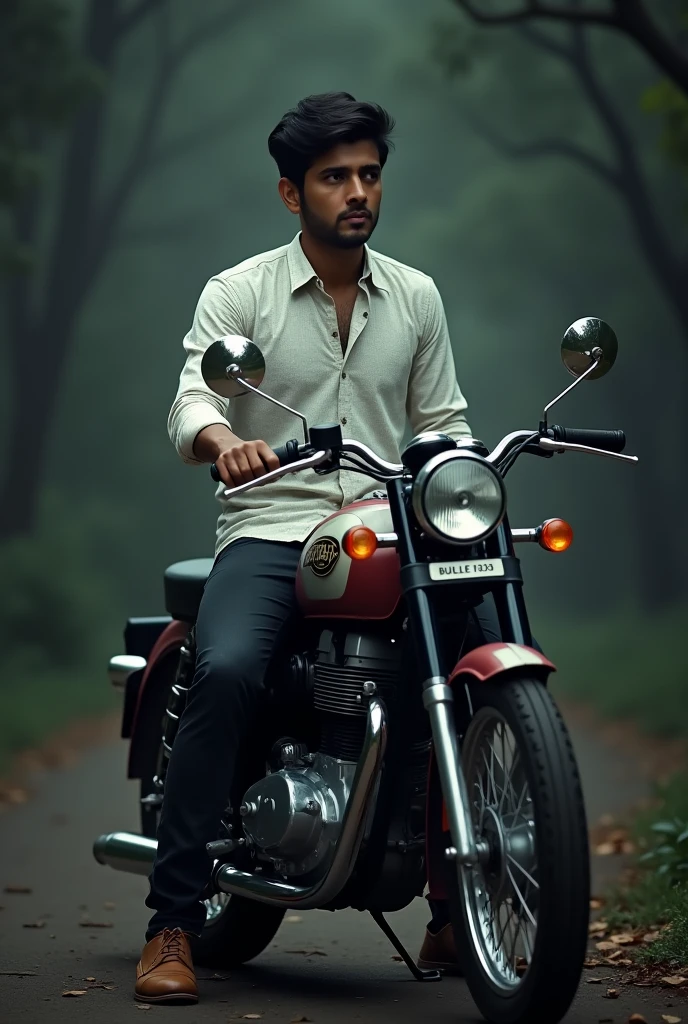An dark coloured 19 year old indian men wearing black jeans with brown leather shoes and white printed shirt and is sitting on bullet 350