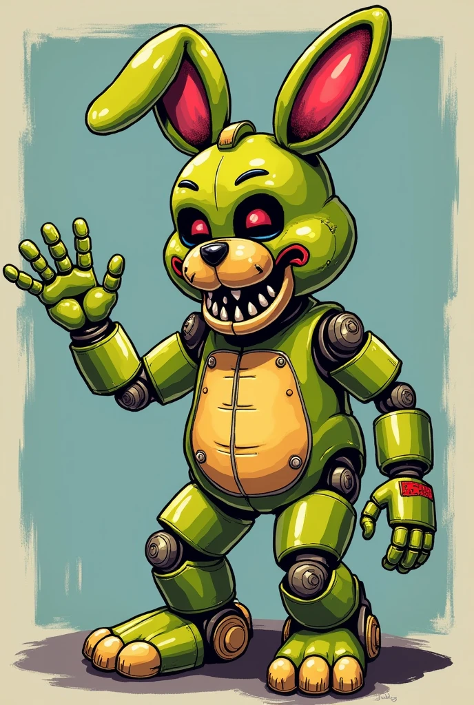 80's style anime drawing, general camera shot, springtrap fnaf, of a greenish yellow rabbit, humanoid, animatronic, with a very sinister expression, which the animatronic, who is waving worse has a macabre expression.
