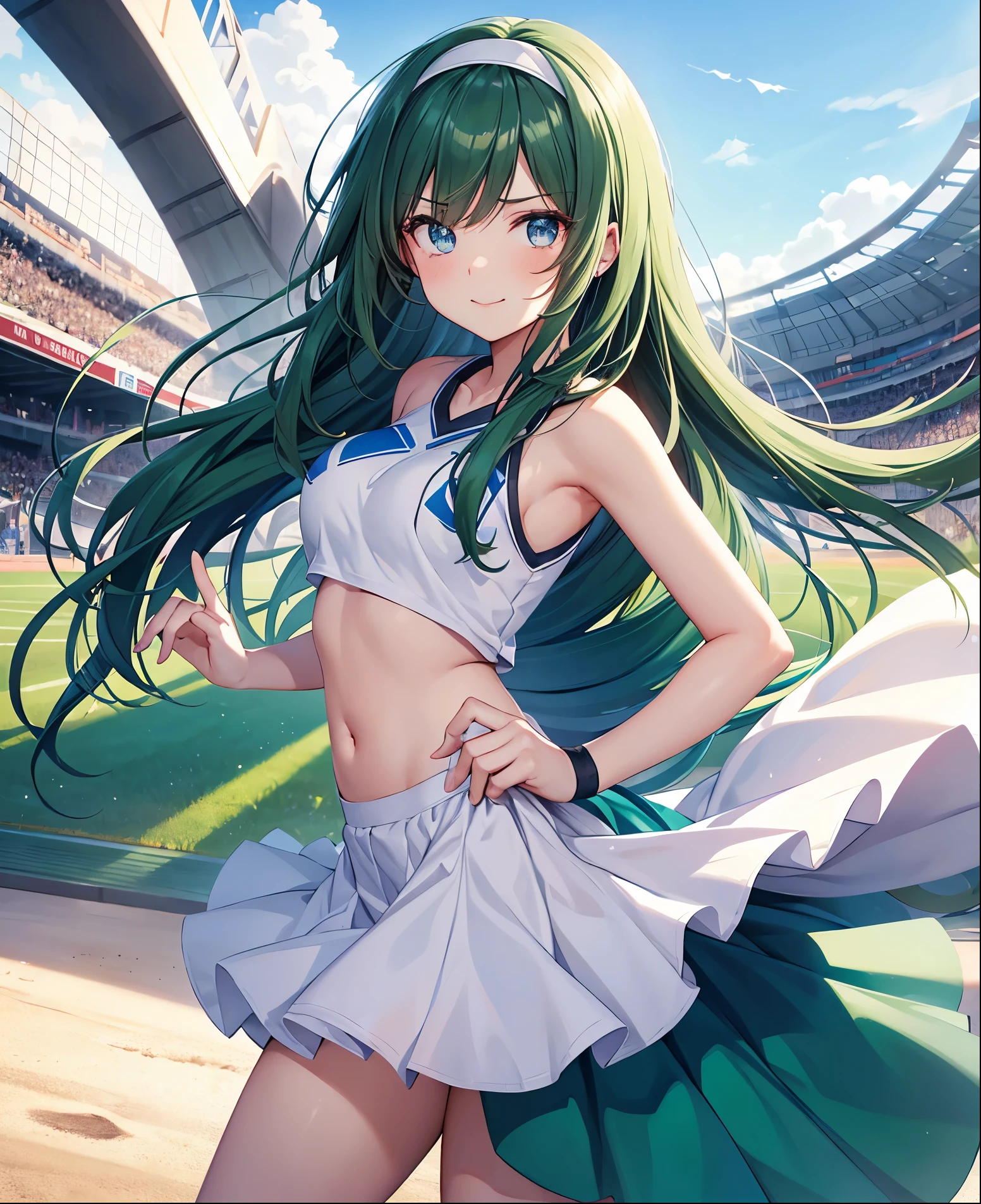 One Girl, voluminous dark green hair, dark green hair, long straight hair, big droopy eyes, blue eyes, mature expression, droopy eyes, sparkling eyes, focus on face, fresh smile, big droopy eyes, blue eyes, five fingers, two hands, cheerleader, wearing logo on chest, baseball cheer, bonbon in hand Cheerleader, 5 fingers, both hands, quality fingers, Focus on face, Front view, Red eyes, No shadow on background, High quality, No shadow on backgroundHigh quality