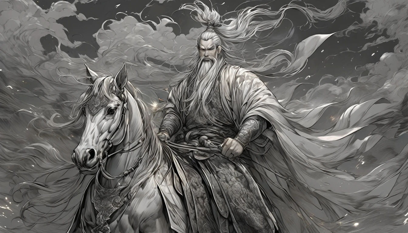 Line art drawing comic a perfect handsome male, Clear Face, Man in his 50s,One person,muscle, Hanfu, Gray Hair, long white beard, ((whole body)), Fine grain, Detailed face,Perfect hand-crafted detail,sword,anger,sparks,１riding a horse,
cast (Immeasurable,Bamboo Flooring,Fire Glass Panel Brownian Motion,Diagonal lines,Zenith angle,Dust storm,Superfluid,ball,oval ,Flowing magic:1.0)| Horsemen, (Vibrant,Illuminate,Enthusiast,cycle,scarlet,Chrome Yellow Arcanum,Dazzling,shine ,liquid crystal,Space dust,Teleport,The Magic of Dashed Lines:1.0) Purification spell, Trace the symbol on the parchment with a quill, Precisely craft a spell, Astral Sparkle, Simple Positive XLv1, Ultra-high resolution, wallpaper, 8k,Richly textured details, Elevation, A magnificent composition, . graphic illustration, Comic art, graphic novel art, Vibrant, Very detailed . Professional, Sophisticated, Modern, Minimalist, graphic, Line art, vector graphics