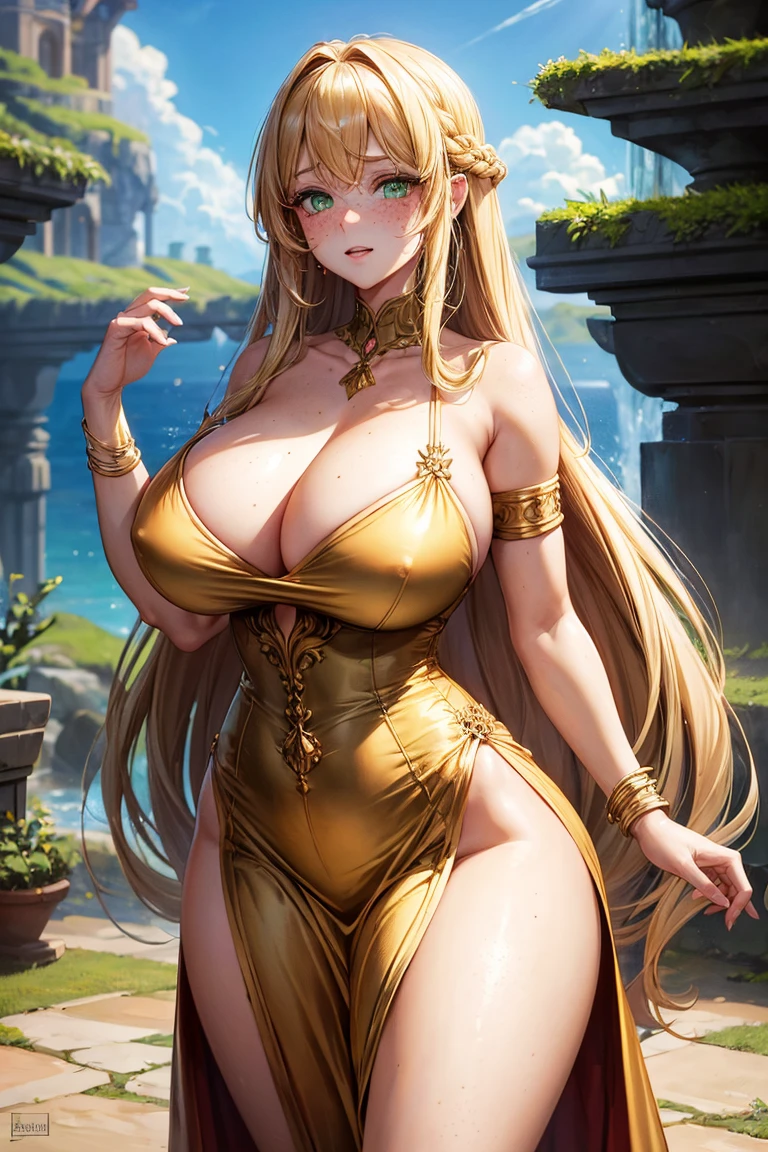((best quality)) ((masterpiece)) 1womam, huge_breasts, solo, long_hair, green_eyes, blonde_hair, freckles, massive_breasts, wide hips, cleavage, freckles_on_breast, gold_trim, very_long_hair, armlet, blush, jewelry, bangs, collarbone, peach_royal_gown, beautiful_scenery_background