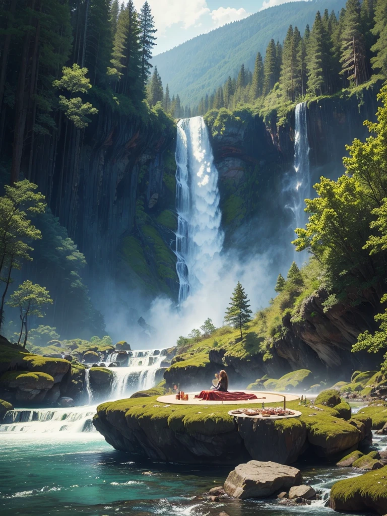 In a giant forest,masterpiece,barbecue,Super high-end ingredients,steak,Huge waterfall,river,meat,Paradise,romantic,Drink,mysterious,Fantasy,perfection