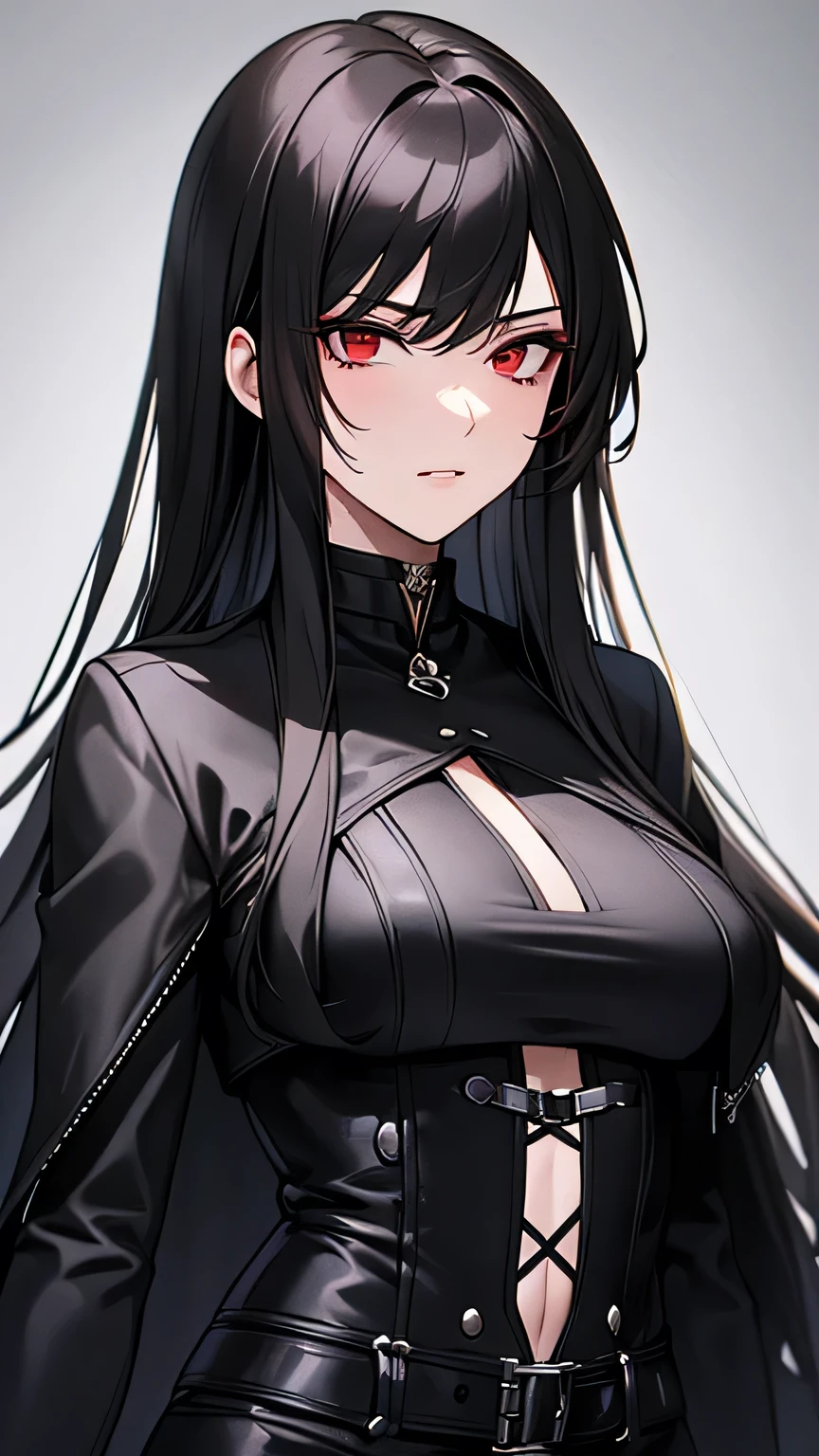 ((Highest quality)), Ultra-high resolution,Adult women, alone, sexy, (Stern face), (Red eyes), Beautiful face in every detail,(High resolution detail of human skin texture), (Black irregular long hair), Black coat,Suit pants,A mercenary woman,（have a gun in hand）,Realistic:1.4,Realistic:1.4,Dark Warehouse,((masterpiece)),Perfect and detailed eyes,Waist up shot