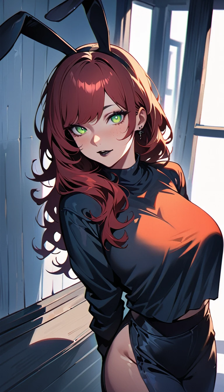 (high quality, 8k, 4K, high contrast, artwork:1.2, high quality, best aesthetics), (centered), ((1 woman)), erotic, sensual, mature body, grown woman, super detailed, beautiful face detailed, beautiful eyes detailed, detailed beautiful mouth, perfect big breasts, (long wavy red hair), (green eyes), (freckles), (black eyeliner), (black eyeshadow), (relaxed expression), (piercing gaze), (looking at viewer), (black lipstick), (front view), (standing), (black rabbit ears), (comfortable street clothes), (hands behind back)