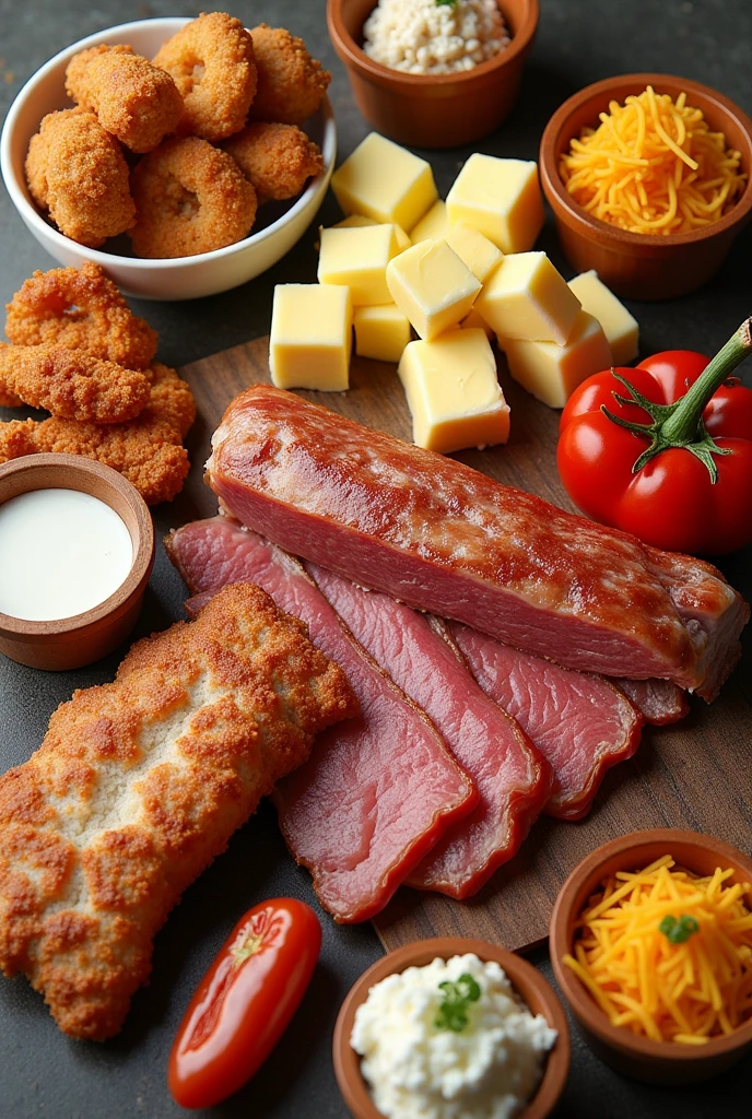 Generate me an image with all the foods that I will mention to you:
Fatty meats, Mantequilla, whole dairy products.
Processed foods, margarines and fried foods. Also an image of these harmful foods please if there are more add them