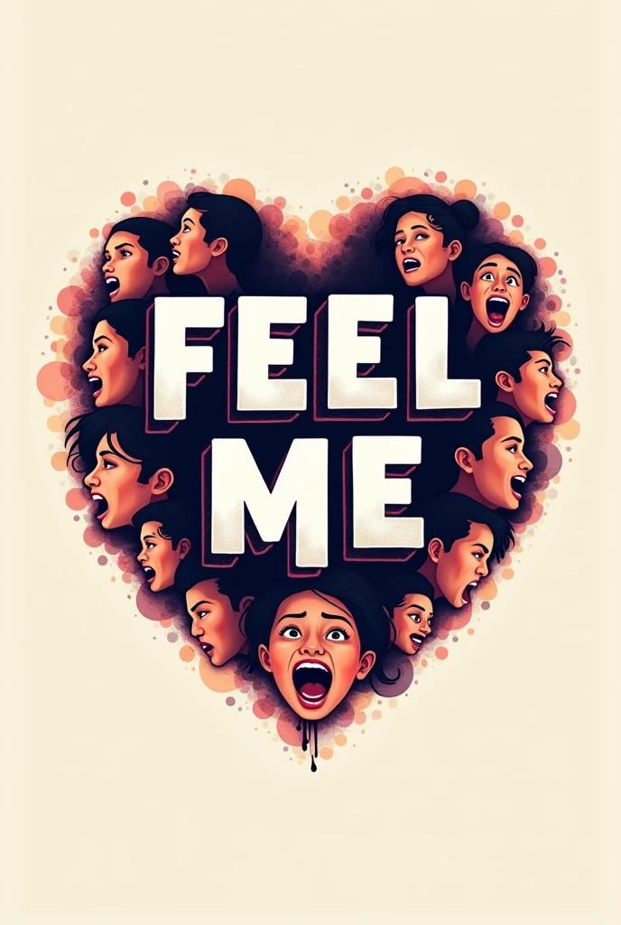 Please make me a logo that says feel me, where the letters look like they are vibrating and that vibration is noticeable with emotional faces around it so that the emotions are more pronounced.
