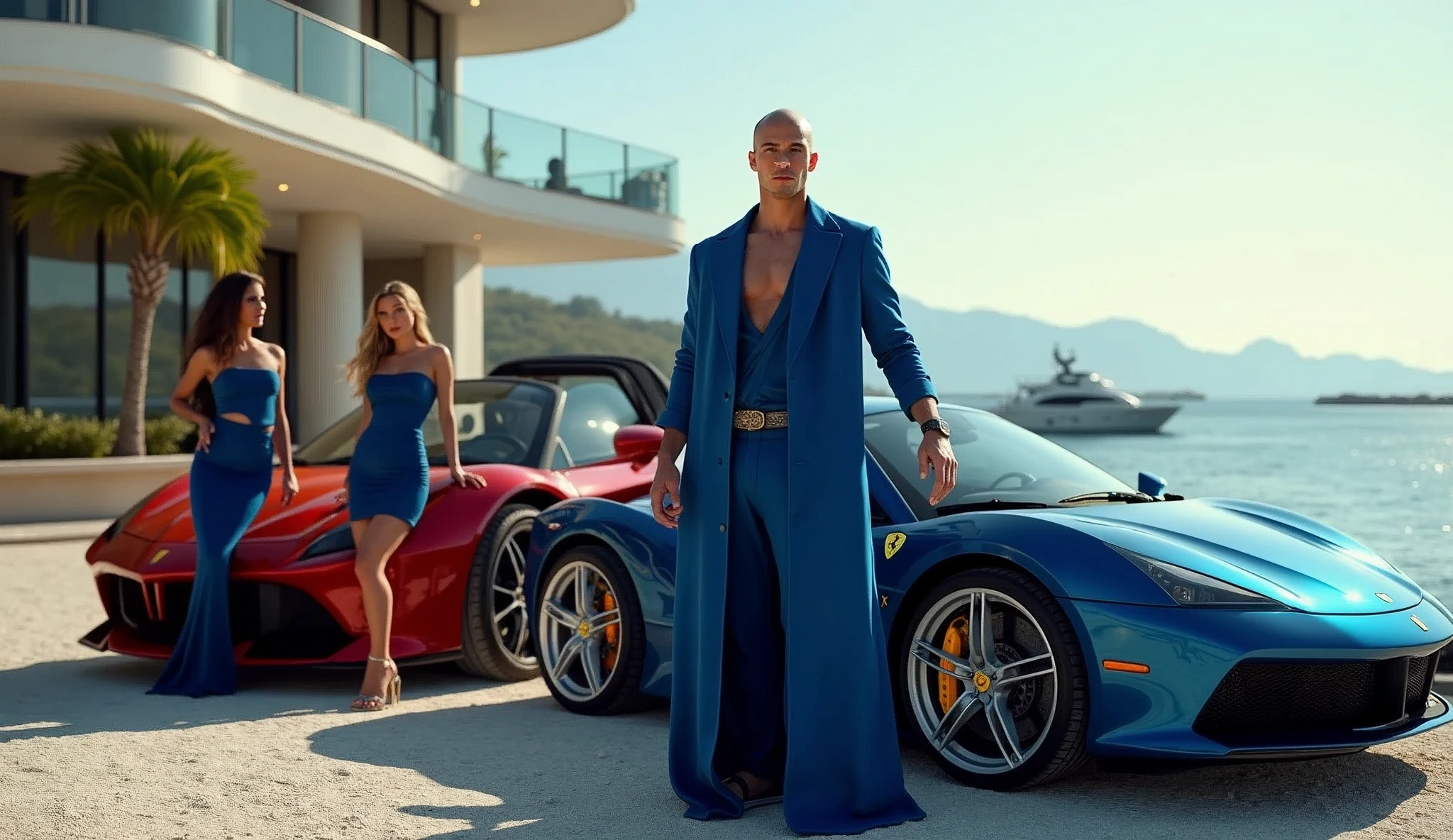 CREATE AN ULTRAREALISTIC IMAGE showing a BALD young wizard next to a yacht with luxurious sports cars, with women leaning against cars on all fours, BEAUTIFUL PARKED NEXT TO DOLLARS NEXT TO, convey depth, IN THE BACKGROUND A BEAUTIFUL MANSION with modern architecture, WITH 3 elegant WOMEN with sinuous curves and dressed in tight, short dresses. NEXT TO THE FERRARI A HANDSOME YOUNG WIZARD IN BLUE CLOTHES AND FULL OF JEWELS, PERFECT WIZARD HANDS WITH 5 FINGERS. Emphasize richness and sensuality, show a lake next to it with yacht