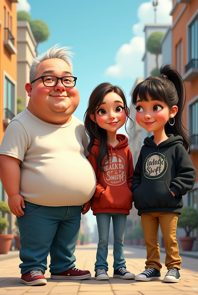 Draw three people as a caricature, The first is Samuel, a 23-year-old man., stomach 1.8 meters, He is moderately fat and has very short hair., almost bald, It is white, He wears square glasses and always wears big sweatshirts. The second is Magda, a 21-year-old woman., stomach 1.57 meters, She has long hair tied with brown bangs and always wears a black Taylor Swift sweatshirt and the last one is Majo, a 22-year-old woman., stomach 1.70, He has a mullet haircut and black hair, She also has freckles and wears flared pants.