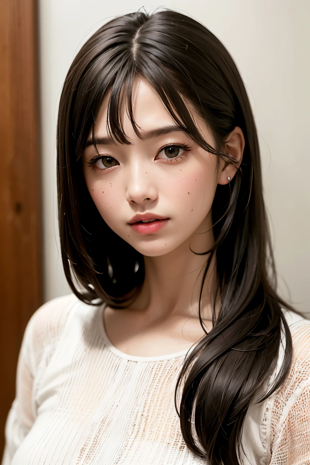 (masterpiece, Highest quality、全てを詳細にRealisticな描画),one person's, alone, Black-haired, scarf, Have, Realistic, Realistic, Looking at the audience, Light-coloured black eyes, Short brunette short bob hair,Short Hair:2. Brown Coat,Beautiful glossy lips, prohibit, Plein Air, Upper Body、Big eyes、Beautiful view of sparkling snow lassi))、(((Short bob hair with bangs:1.4、Shiny Hair、prohibit:1.4、Big eyes、large full chest、Highlights the eyes、Gazing at the audience、Beautiful beauty、Listen carefully、Beautiful long neck、A beautiful and charming décolleté、Laugh a little、smile、幸せなsmile、Ideal body type、Beautiful faces with great detail、Beautiful highly detailed eyes、Very beautiful and attractive look、Beautiful and very cute attractive woman)))、{Huge|big|Hugeな|Mega} chest:2, 大きなchestの谷間:2、大きなchestの谷間を見せつける、