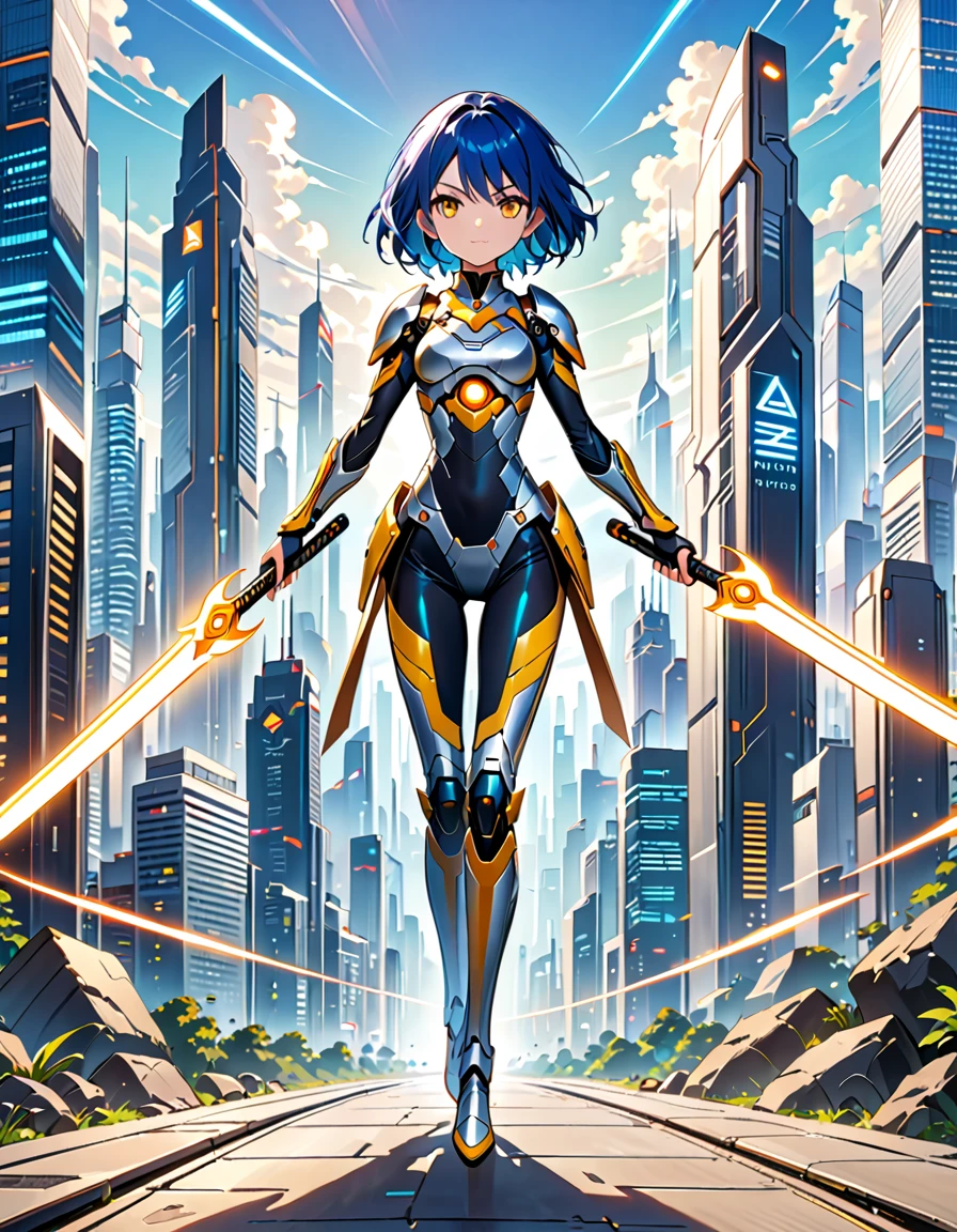 (((Masterpiece, best quality, 16k))) female character with short blue hair and glowing yellow eyes. She wears a futuristic armor in metallic silver, red, and black. wields dual energy swords. The character has a confident expression, with a high-tech cityscape as the background. ((full body front view)). ((slender)), (extremely detailed:1.5), (short blue hair:1.2), (glowing yellow eyes:1.2), (high-tech cityscape:1.1), (futuristic armor:1.3), (dual energy swords:1.3).
