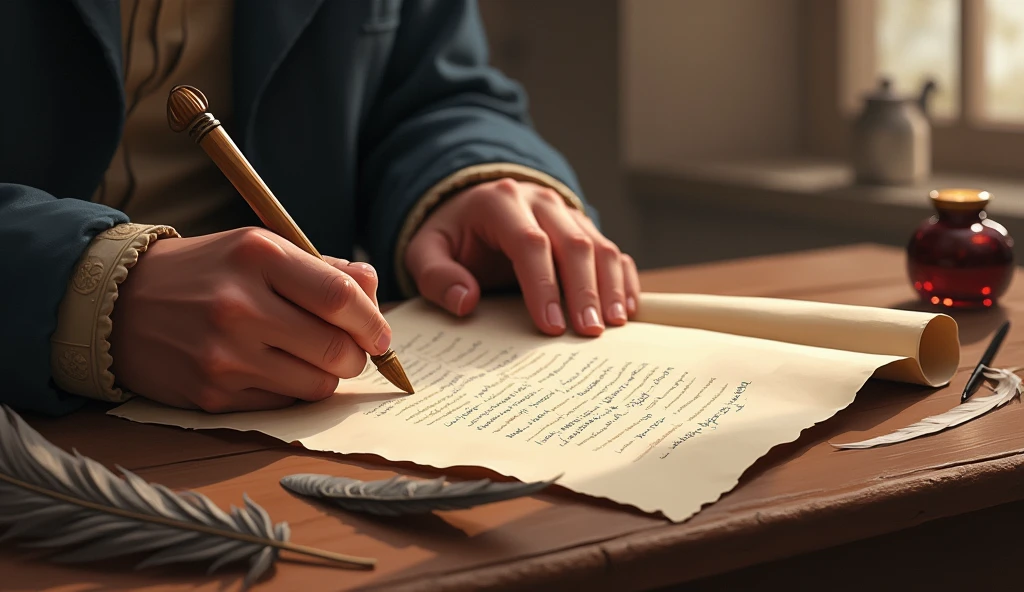 A close-up of a hand writing on a scroll, with ink and feathers beside. The background is blurred, but suggests an environment of study and reflection. The colors are soft and inviting.