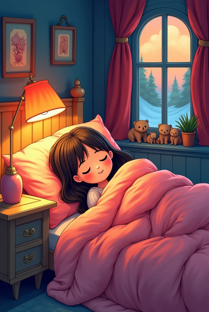 cuteIllustration,pretty room:burden:woman alone:hibernation,sleeping,comfortable and warm,You look happy,cute,nestle,Illustration,pop,colorfulに,draw with thick lines,color,dim,Lamp light,hibernationの곰 가족が眠っています:have a happy dream,The study is warm and full of happiness.,,colorful,fancy,fancy