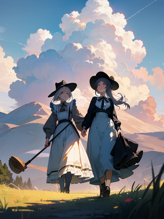 Pastel tones、High definition、Anime-like、Gentle Hills、High and blue sky、A shining white cumulonimbus cloud、(A wide-brimmed hat, silver hair, long skirt and cardigan)With the lady(Classical maid outfit)maid、Two women walking together