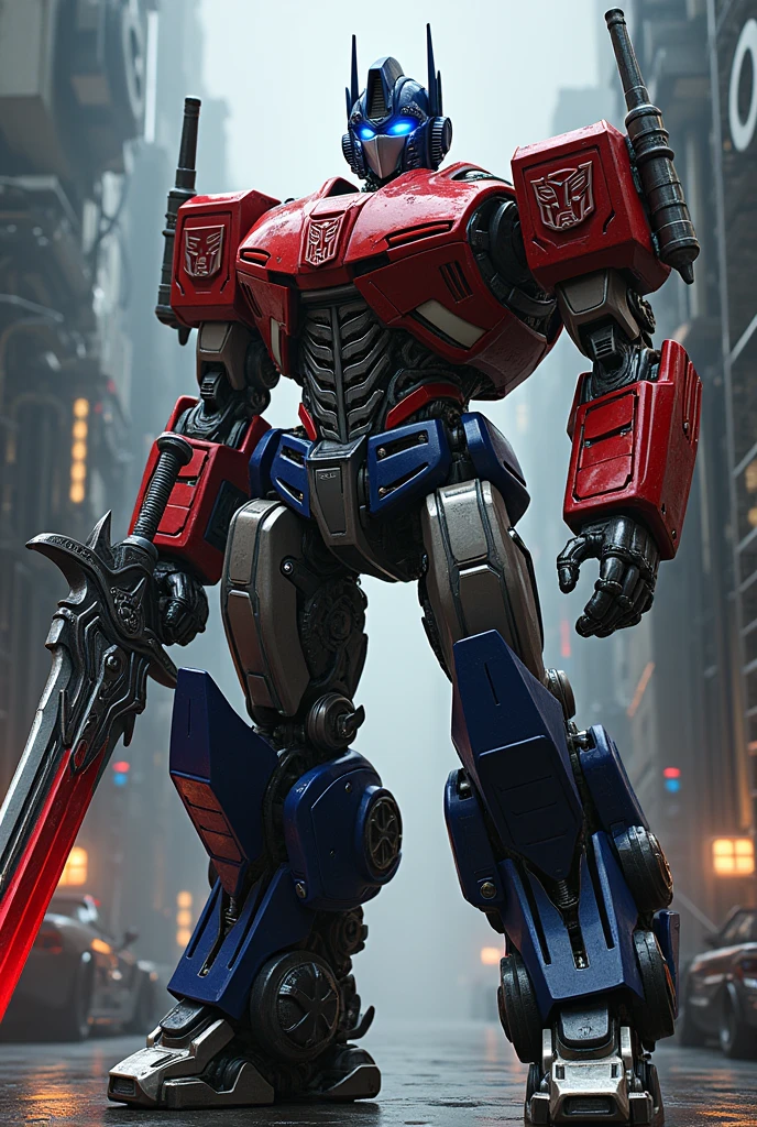 optimus prime, hand on sword, powerful sword, energy, mechanical robot, highly detailed, intricate machinery, shiny metal, dramatic lighting, dynamic pose, cinematic composition, digital painting, 8k, photorealistic, hyper detailed, masterpiece