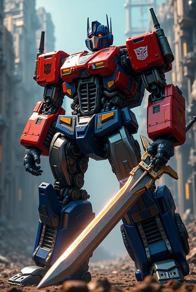 optimus prime, hand on sword, powerful sword, energy, mechanical robot, highly detailed, intricate machinery, shiny metal, dramatic lighting, dynamic pose, cinematic composition, digital painting, 8k, photorealistic, hyper detailed, masterpiece