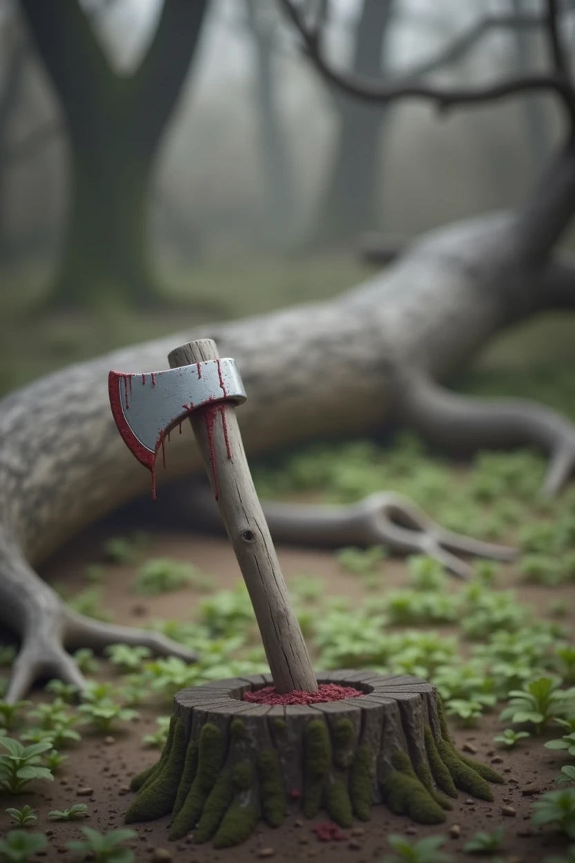 An axe stuck in a tree trunk in the middle of the forest, covered in blood