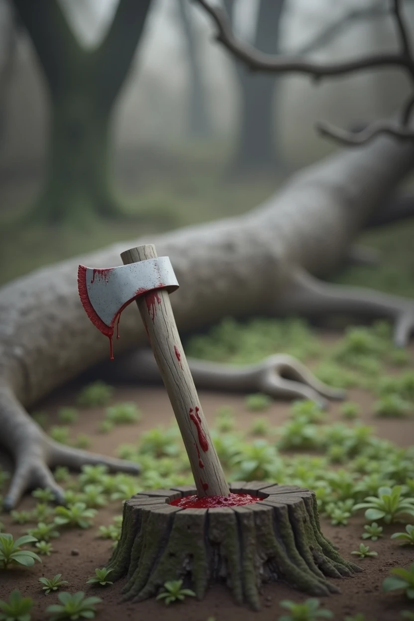 An axe stuck in a tree trunk in the middle of the forest, covered in blood
