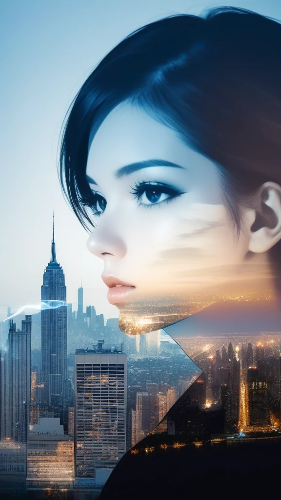 Double Exposure Style,a city skyline on the woman face,double image ghost effect,image combination,double exposure style,1girl,, (masterpiece,best quality,ultra-detailed,very aesthetic, absurdres)