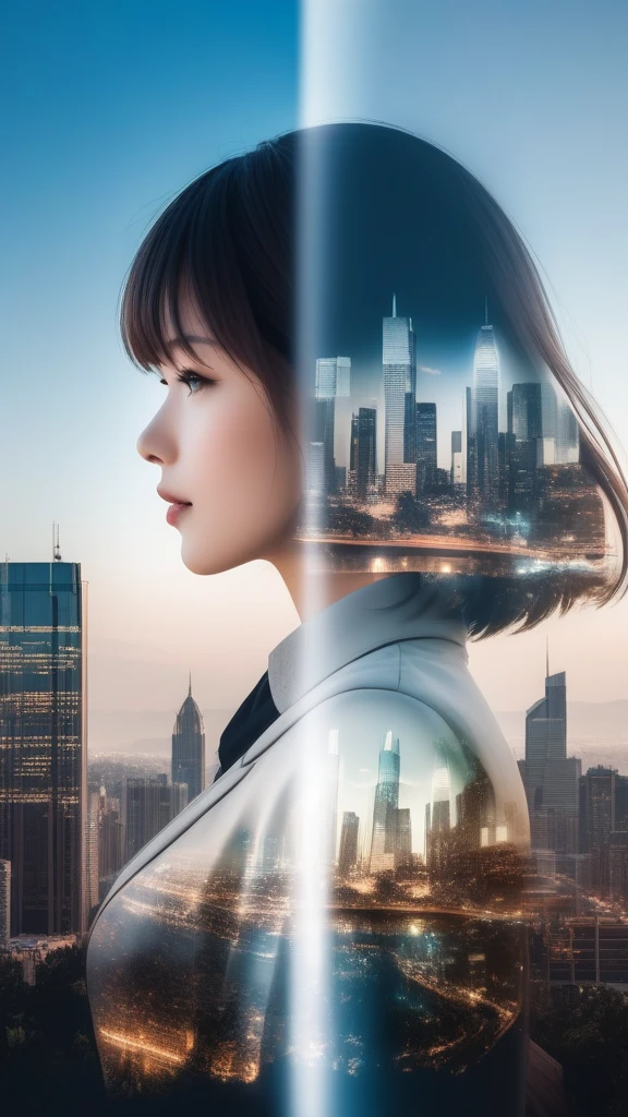 Double Exposure Style,a city skyline on the woman face,double image ghost effect,image combination,double exposure style,1girl,, (masterpiece,best quality,ultra-detailed,very aesthetic, absurdres)