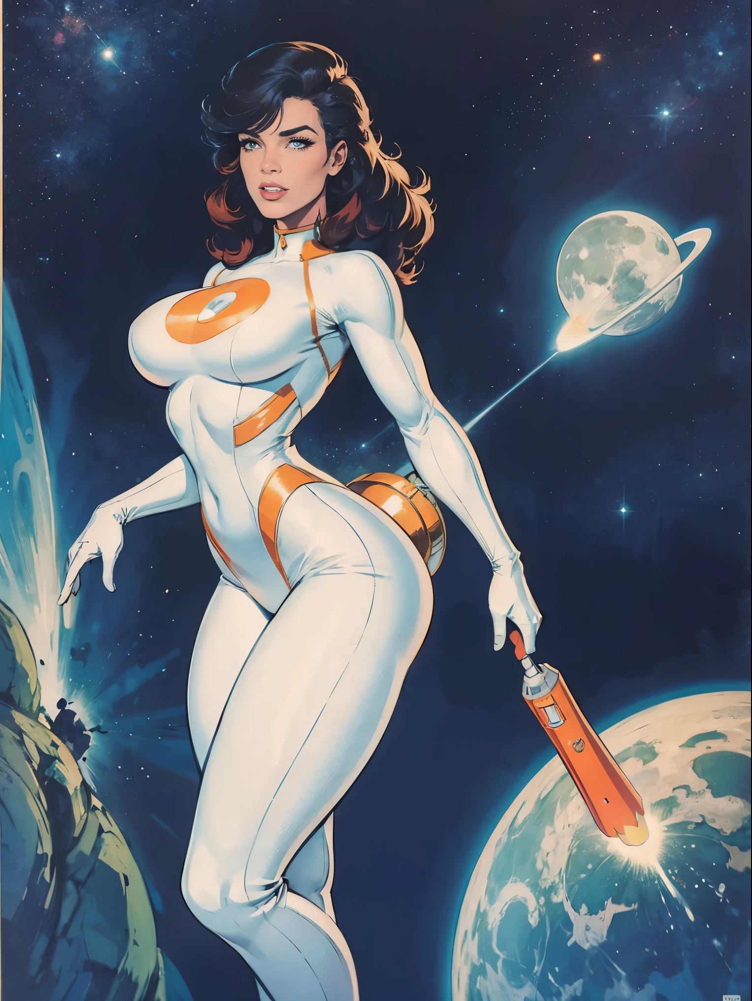 (masterpiece, top quality, best quality, official art, beautiful and aesthetic:1.2), (1girl:1.3), light freckles, fair skin, extremely detailed, portrait, looking at viewer, solo, (full body:0.6), detailed background, close up, (bright space pinup theme:1.1), busty 1950's pinup brunette space girl, charlatan, smiling, happy, mysterious, spacewalk, modest attire, white and orange space suit, spacesuit, helmet, bodysuit, ray gun, long boots, pouches, jetpack, glass helmet, rocket ship, ((((narrow hips, slim sexy body, gigantic breasts)))), slim waist, slim hips, long legs, futuristic (moon exterior:1.1) background, dark mysterious lighting, shadows, magical atmosphere, dutch angle,