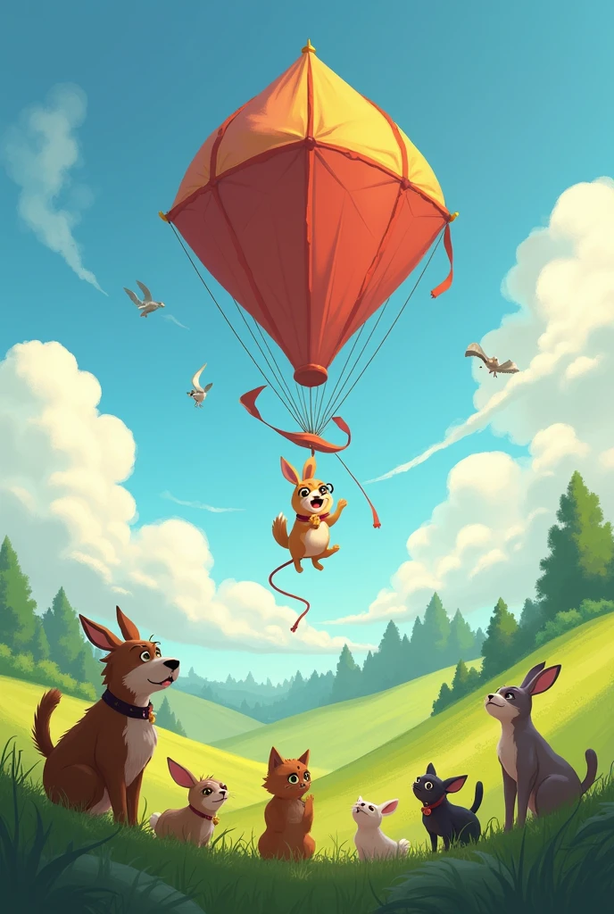 Worried animals watching as a dog and other animals fly away with a giant kite