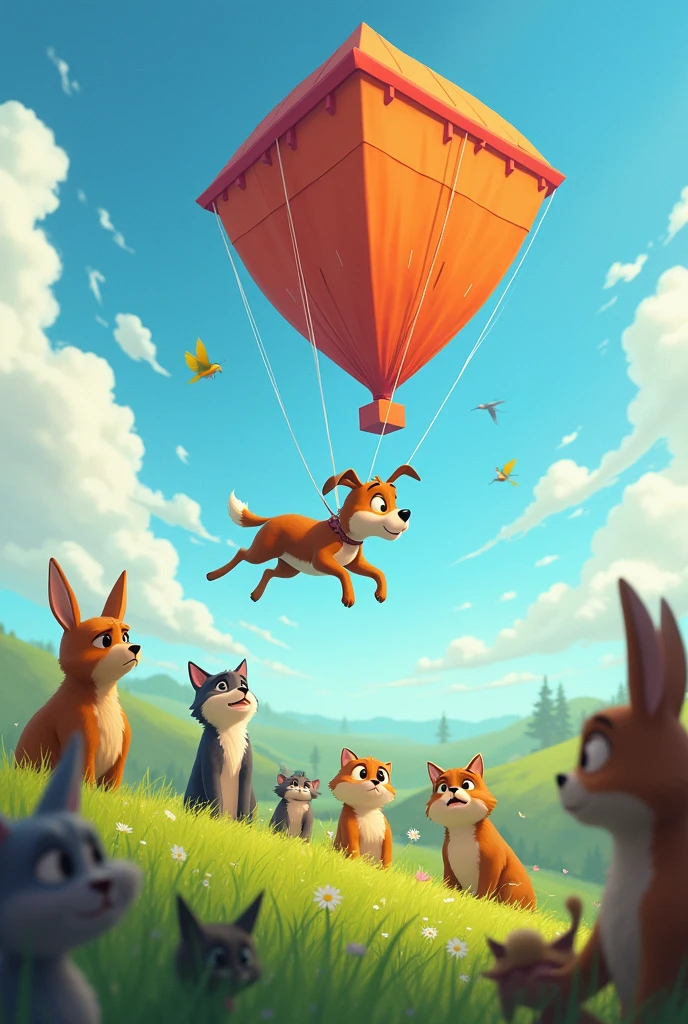 Worried animals watching as a dog and other animals fly away with a giant kite