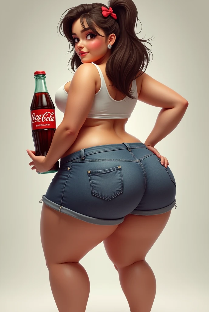 Create a character with tight denim shorts tucked in, she has to have a much bigger ass and a front-facing coke.