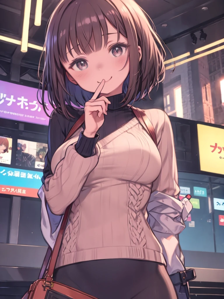 One Girl、Mochizuki、Mochizuki Mikoto、Turtleneck sweater、Pink clothes、short hair、Bob Hair、Straight Hair、Light brown hair、(Chubby body type)、Big Breasts、Grin、Upper Body、Watching the audience、Round Glasses、Put your finger on your glasses、Sweat、