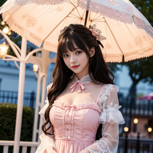 Bow at the back of the waist, Skirt length to calf, cupcake dress, Layered skirt with lace on each layer, Wear a LOLITA dress, layered dress, Pink lolita skirt, lots of lace, Long sleeve, Wide sleeves, Big skirt, layered lace skirt, Puff sleeves, Wide sleeves, Transparent sleeves, intricate details showcase the ruffles and intricate designs of the Lolita dress, Wearing a lolita dress, in the amusement park, at disneyland, The background is a carousel, best quality, Delicate face,beautiful visual work, lifelike, eternity, black hair, Long curly hair, blunt bangs, Smile, Detailed Background, Delicate face,blush,cold,((masterpiece))、(top quality)、8k、high detail、Super detailed,41-year-old female, masterpiece、born、Scenes resembling fairy tale illustrations、intricate details和複雜的設計、Beautifully、magic、capricious、 Beautifully、Dream aesthetics、「𝓡𝓸𝓶𝓪𝓷𝓽𝓲𝓬、ethereal、charming、fickle、magic」、realism、Visual effects、FXAA、SSAO、Shader、voiceless、ambient lighting、Tone mapping、High resolution、Ultra high quality、Million pixels、(8K resolution:1.10)、8k、8k以下、8K resolution、high detail、intricate details, (high quality:1.2、masterpiece:1.2、:1.21)、(41-year-old female:1.21)、(興奮地Smile)、(Surrounded by a dreamy atmosphere、Model diagram,full-body shot,Normal 2 feet,Put your hands behind you,The protrusion of the breast is visible when wearing clothes, Large Breasts, H cup chest, pink clothes, Don't show your fingers, full-body shot, full-body shot,full-body shot,full-body shot,full-body shot,full-body shot,full-body shot,full-body shot,hands hidden in clothes, hands hidden in clothes,hands hidden in clothes,hands hidden in clothes,hands hidden in clothes,hands hidden in clothes,hands hidden in clothes,hands hidden in clothes,hands hidden in clothes, ,hands hidden in sleeves ,hands hidden in sleeves ,hands hidden in sleeves ,hands hidden in sleeves ,hands hidden in sleeves ,hands hidden in sleeves ,hands hidden in sleeves ,hands hidden in sleeves, arms behind back, arms behind back,