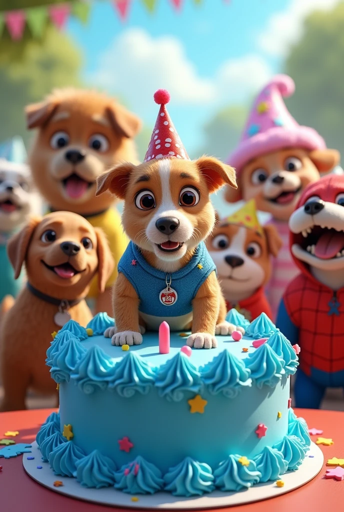 Blue whipped cream birthday cake, white and red do not have spiderman, dogs from the dog squad with spiderman and dinosaur costumes 