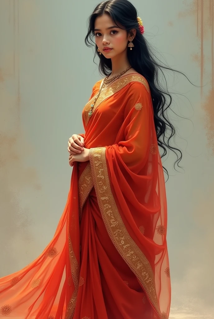 Generat a simple indian girl wearing saree for drawing 