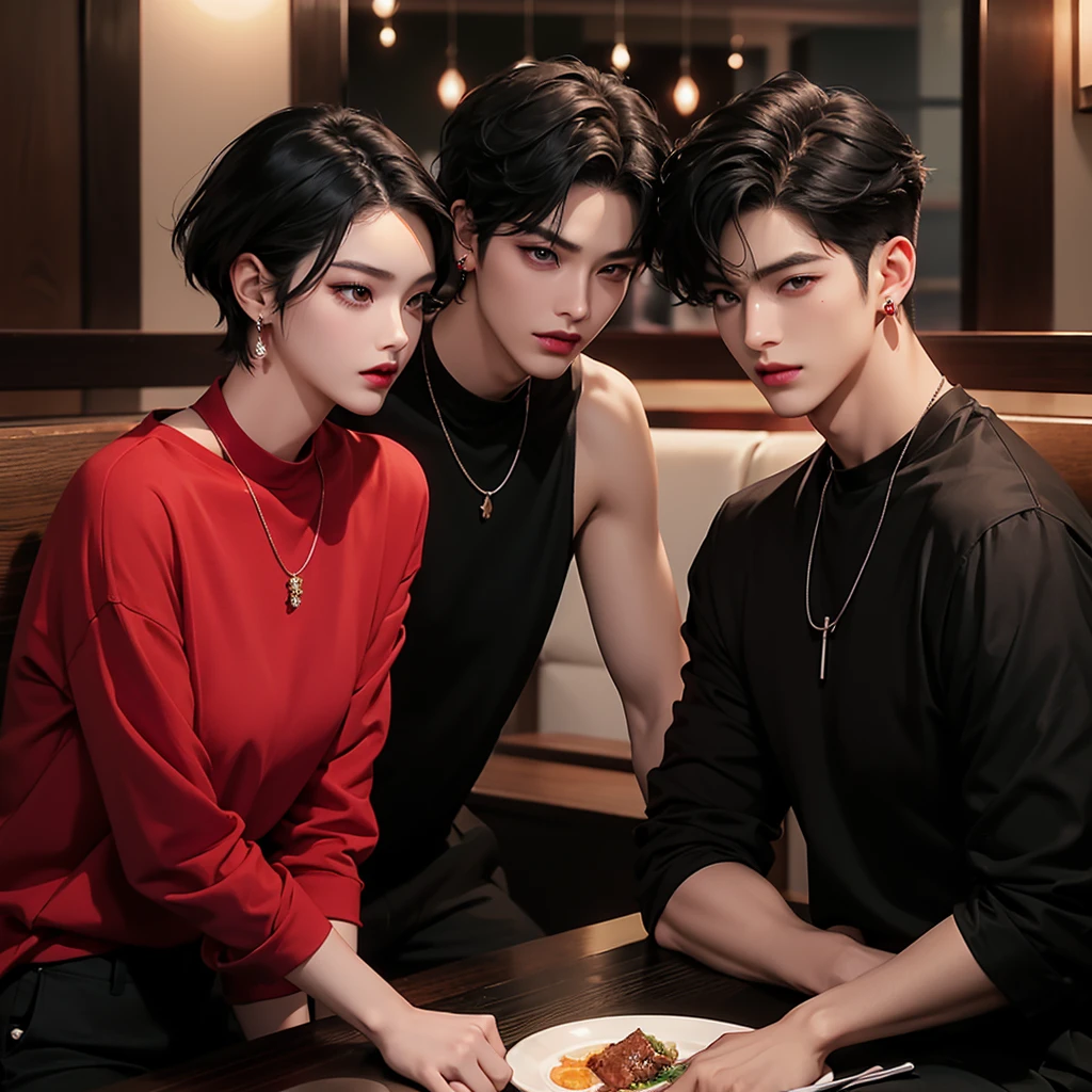 korean men
The facial structure is not very small.
Long eyelashes
short hair
black hair
light pink lipstick Velvet lipstick texture, even eyes.
The nose is just right.
wearing a black necklace
black earrings
wearing a red shirt
wearing red pants
Sitting in a crowded restaurant