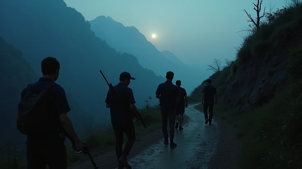 5 Thai men around 40 years old walking in the on the mountain and on their hand holding guns at night camera caught from behind  8k  