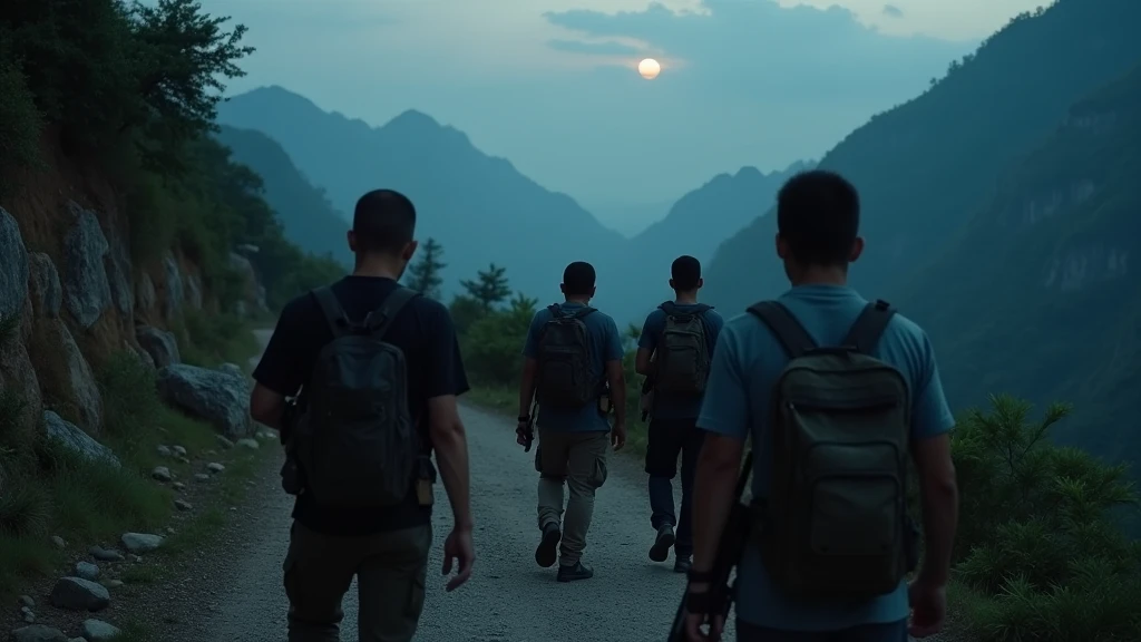 5 Thai men around 40 years old walking in the on the mountain and on their hand holding guns at night camera caught from behind 8k