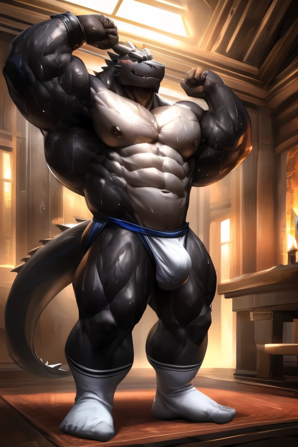 human nature, cannon, male, solitary, ((the strong,Handsome,massive muscular,masculine)), (huge black dragon), Chibo,eight-pack abs,(indoor),Feet facing the audience,Dirty white socks,daily clothes,Sweat:1.4,high quality, (4K,high quality, high resolution, masterpiece,sfw), cartoon,(by lindong)