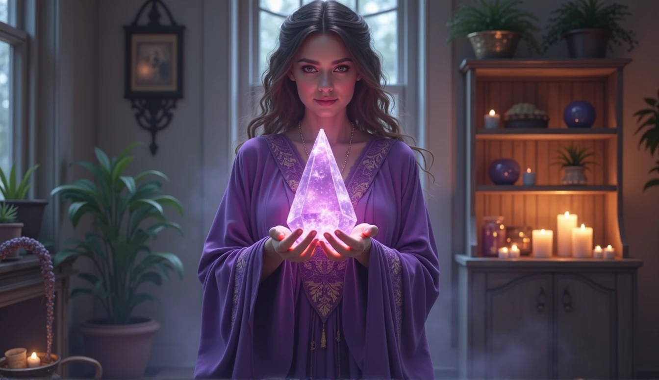 mulher com capa violeta de sacerdotisa energizando sua casa com crystals ALTOS, IN your hands with 5 fingers each hand, large pyramid shaped crystal, convey depth, in the background a cupboard with various aromatic herbs, in the scene small lit candles, crystals