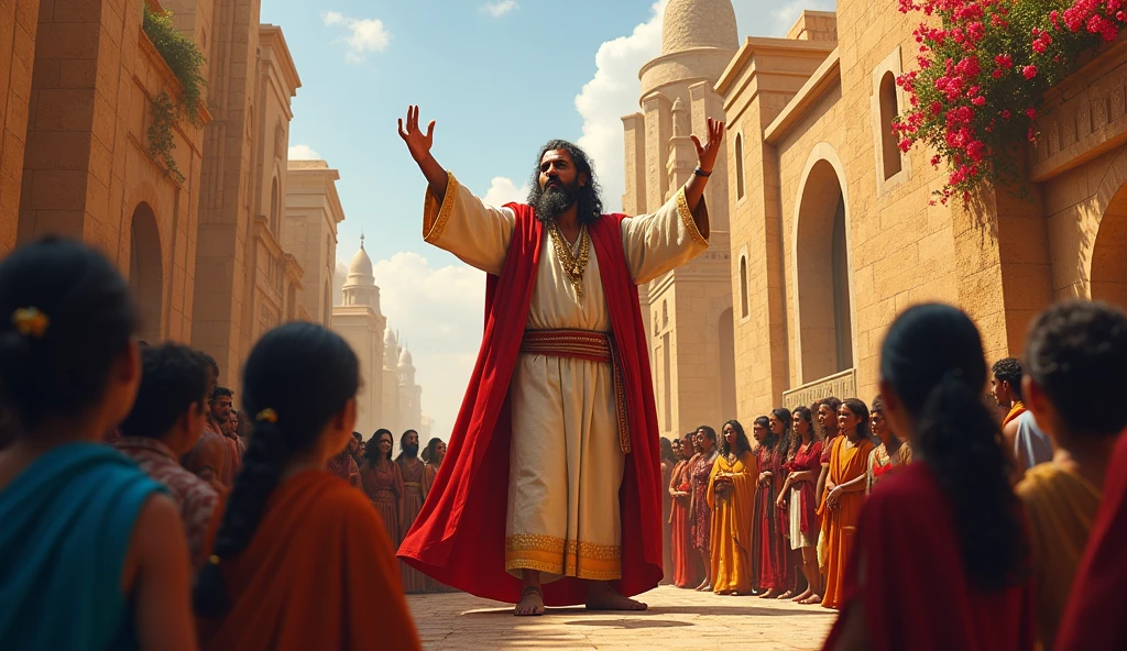 An image of a minor prophet in an ancient city, surrounded by people listening to your words. The environment is vibrant, with stone buildings and bright colors. The scene conveys a feeling of hope and transformation.