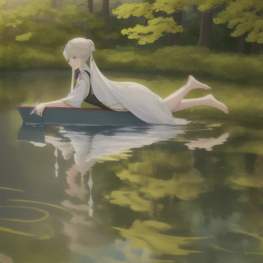 ((4K,masterpiece,best quality)), Bisim, Chinese painting, lotus, Hanfu, maxiskit, Dress openly, swf 1 girl, Solitary, Blue long hair, Smile, permanent, Feet in water, barefoot,