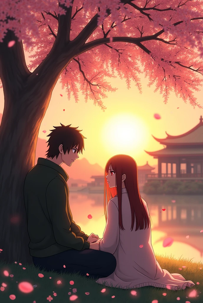 Shisui and Kurenai Uchiha chatting under a peach tree during a sunset