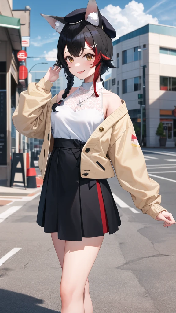 masterpiece, best quality, highres, miosha1, hairclip, side braid, ponytail, hat, beret, wolf tail, breasts, high-waist skirt, black skirt, white shirt, necklace, sleeveless shirt, brown cardigan, cowboy shot, standing, outdoors, looking at viewer, smile