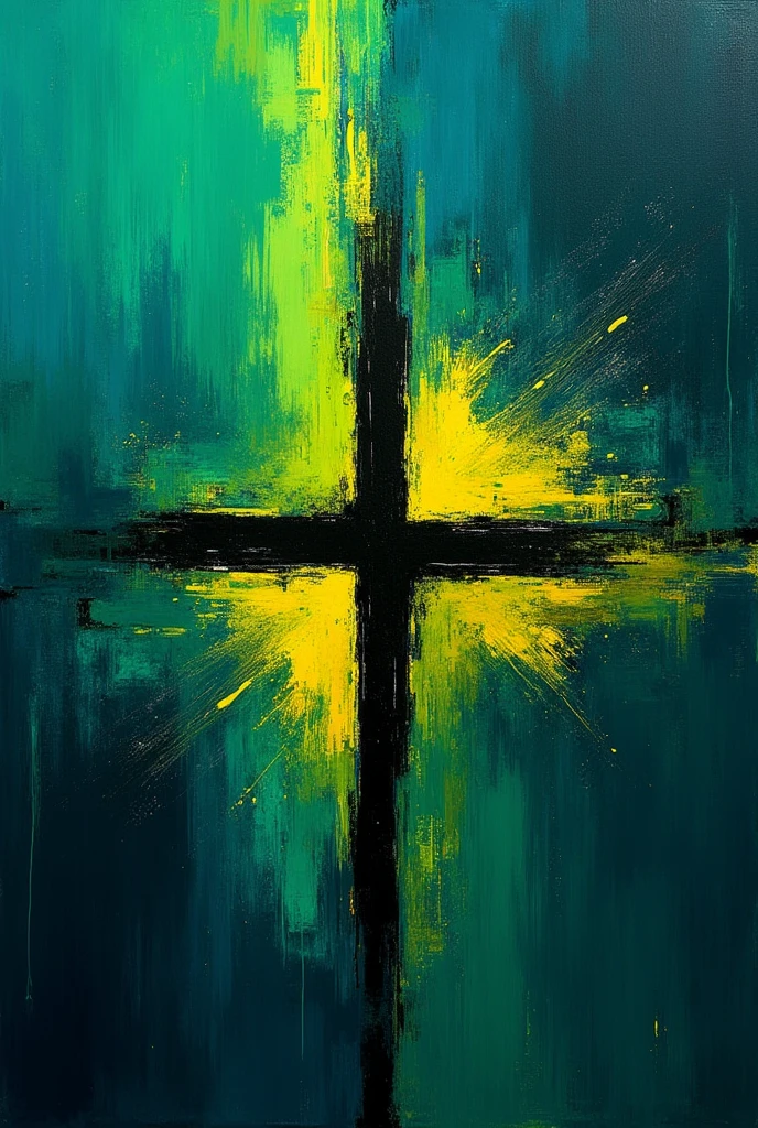 A navy blue colored background, Apple green and electric yellow that with a mixing effect forms a black cross.