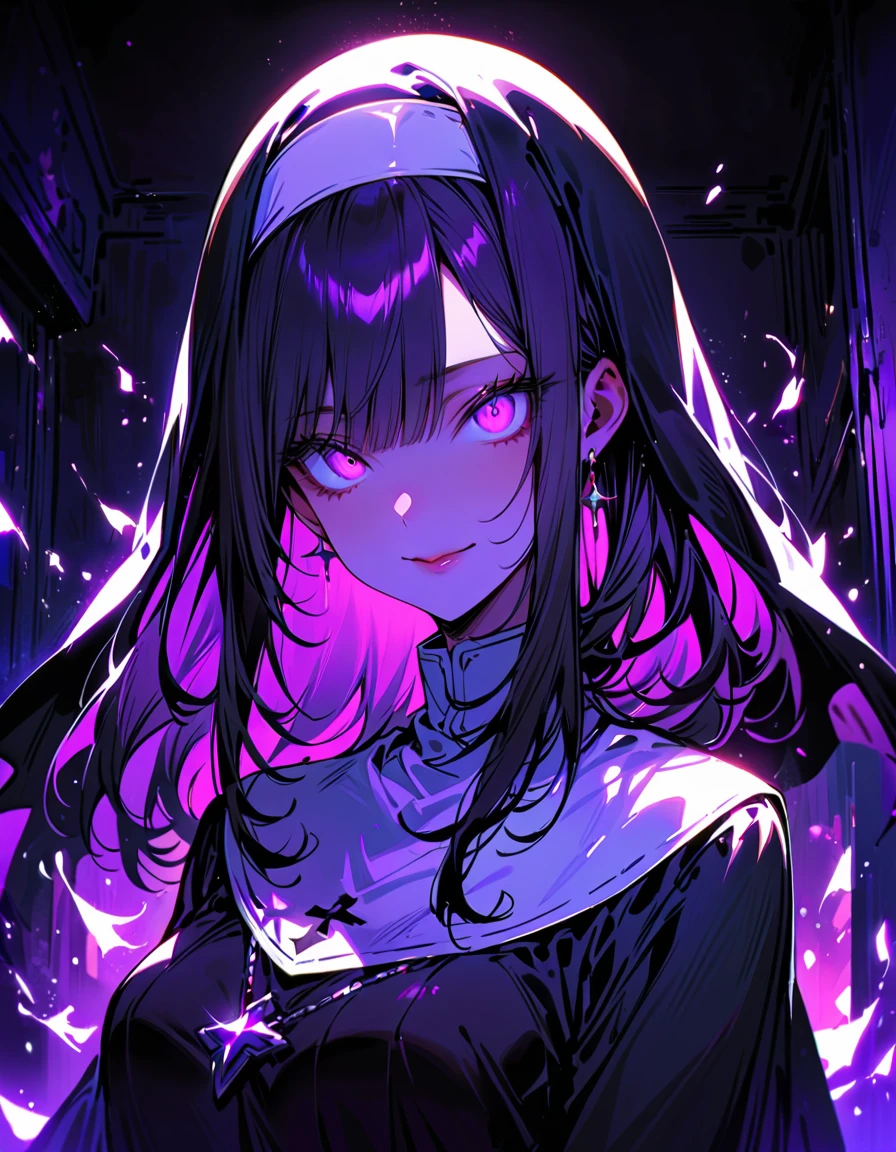 young beautiful woman,(best quality,Highly detailed descriptions,Incredibly absurd high resolution,Anatomically accurate depiction,Charming bridges),(glowing skin,glowing skin,spread),(Nun,複雑な光沢のあるのNunの服),Eyelashes,(Intensely shining purple eyes,crazy eyes,a charming smile,shiny lips,Seductive gestures),whole body,background:bedroom at night
