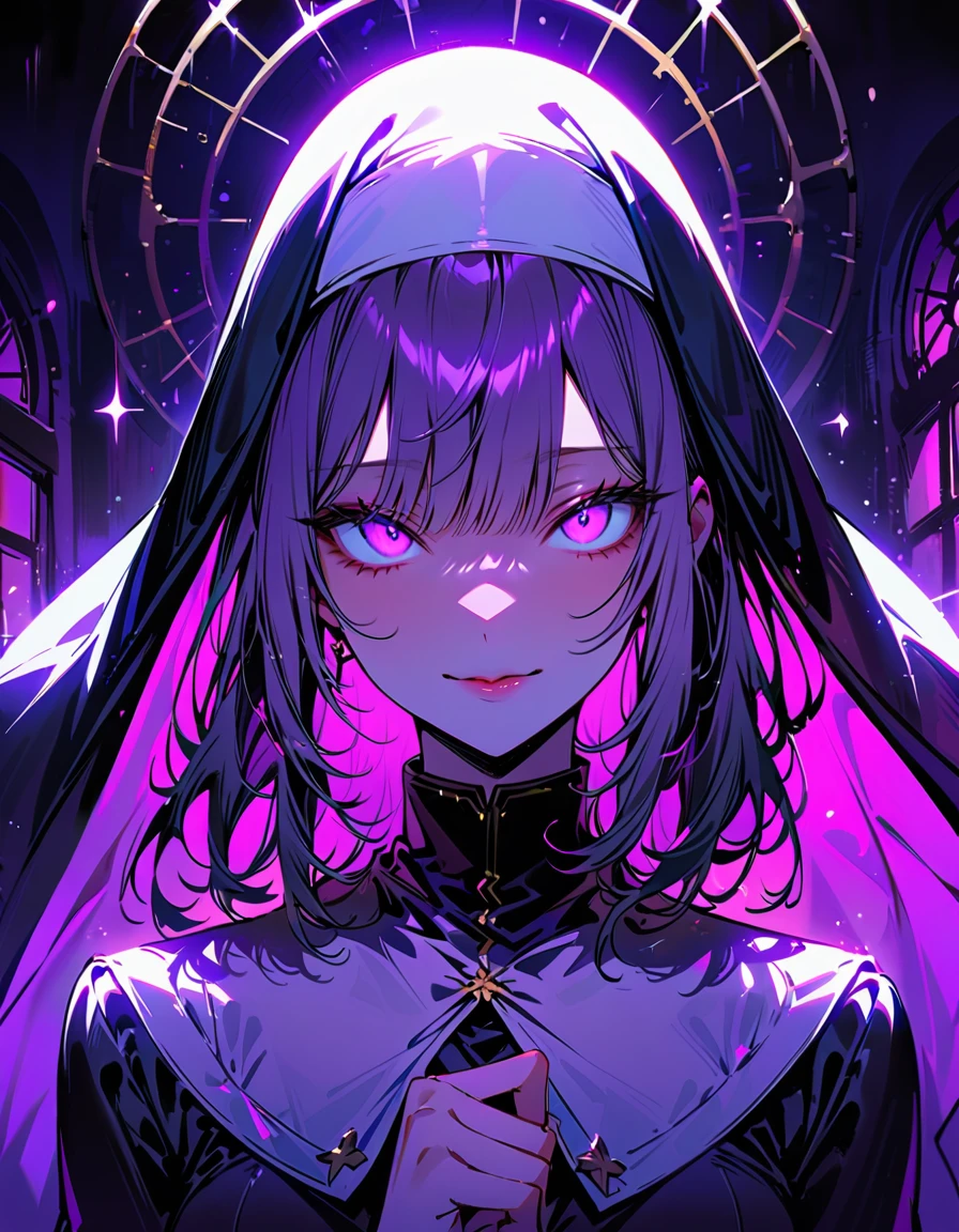 young beautiful woman,(best quality,Highly detailed descriptions,Incredibly absurd high resolution,Anatomically accurate depiction,Charming bridges),(glowing skin,glowing skin,spread),(Nun,複雑な光沢のあるのNunの服),Eyelashes,(Intensely shining purple eyes,crazy eyes,a charming smile,shiny lips,Seductive gestures),whole body,background:bedroom at night